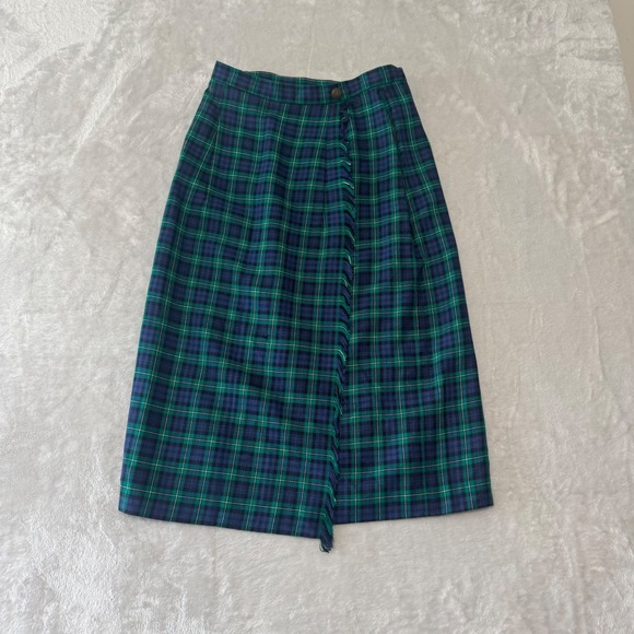 Weathervane Dresses & Skirts - Vintage Weathervane Womens Plaid Faux Wrap Skirt XS S Blue Green Union Label USA